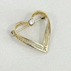 Vintage open heart brooch - rhinestone gold plated